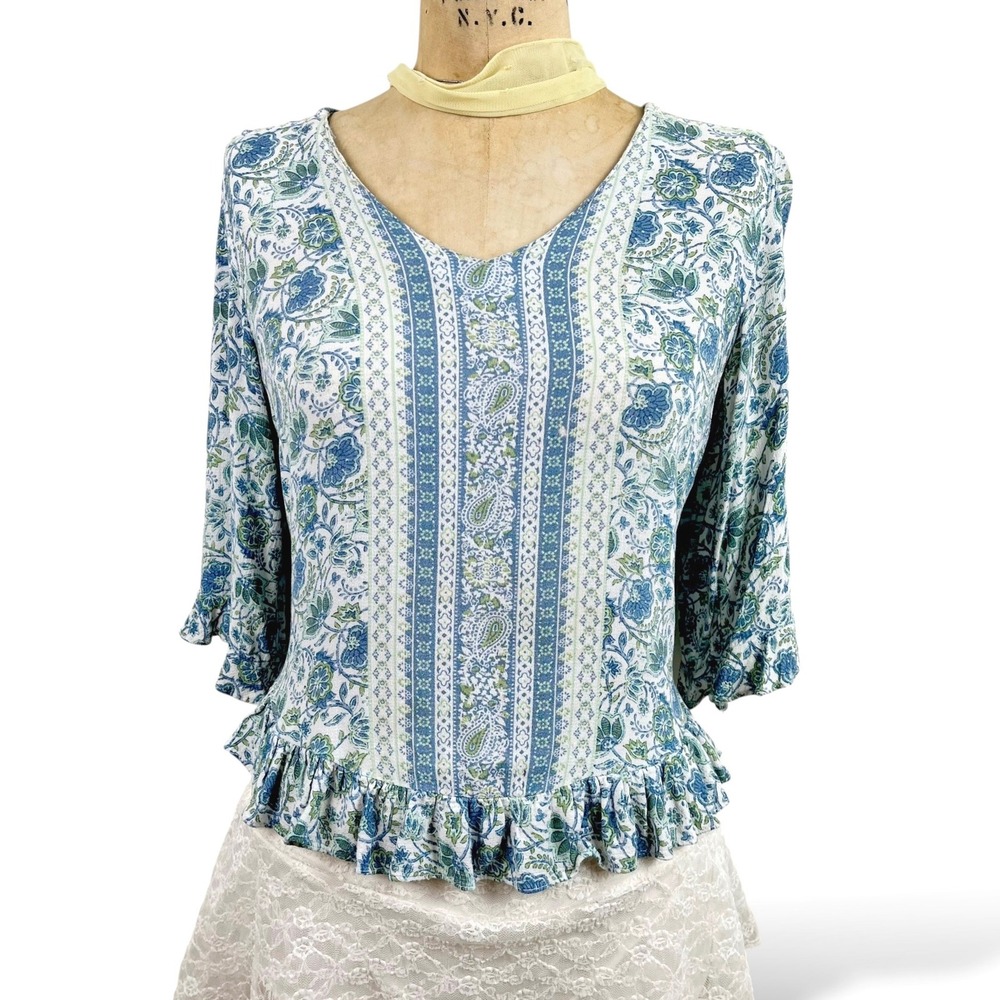 Boho Womens S Ruffle Floral Blouse Rose & Thyme Blue Paisley Peasant Top Cottege - Picture 5 of 11